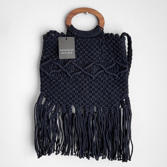 NWT Danielle Nicole Black Macramé Fringe Boho Crossbody Shoulder Bag Satchel - Picture 9 of 13